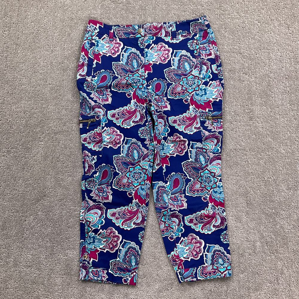 Chicos Crop Pants Women 0P Small 4P Blue Pink Paisley Cargo Boho Peasant Beach